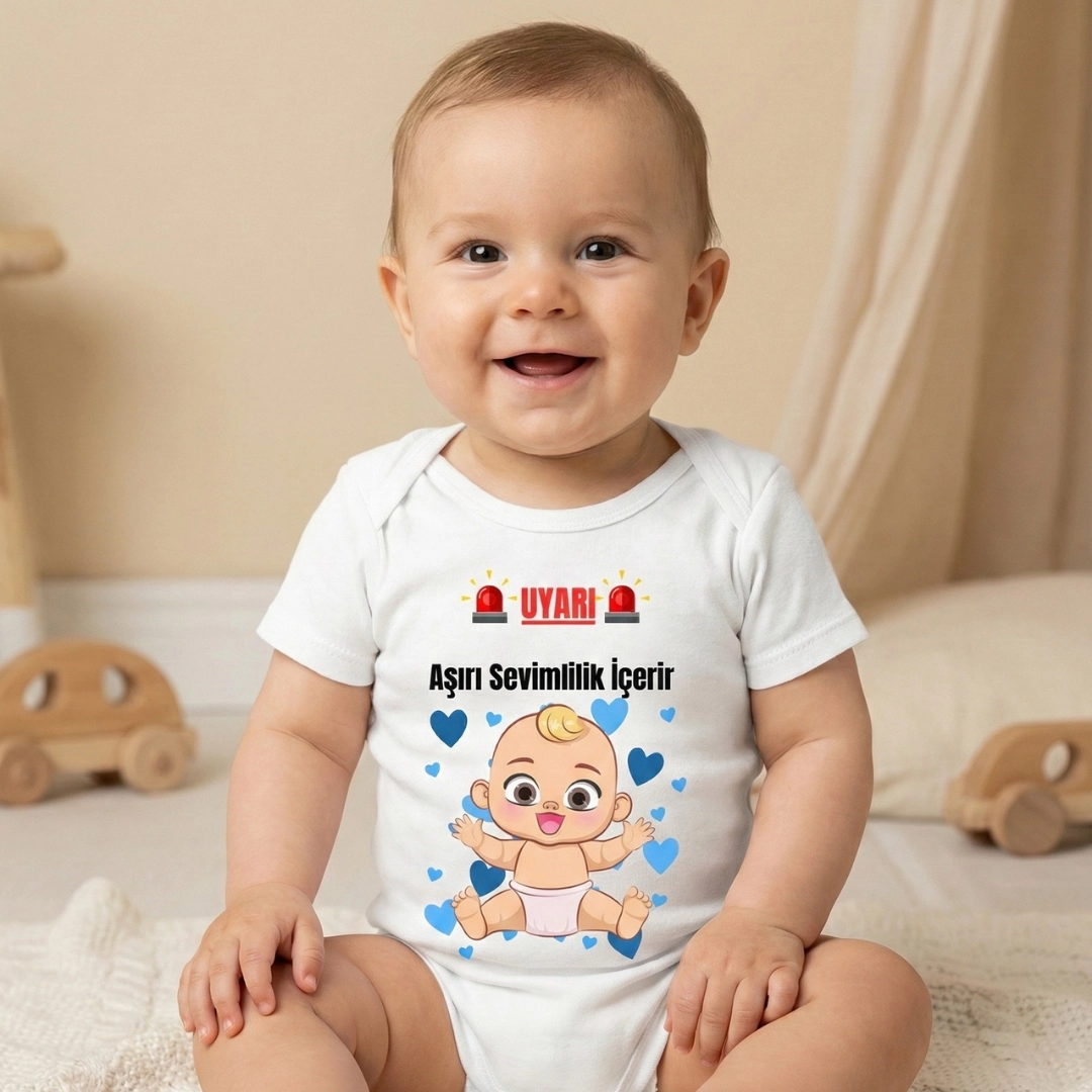 Uyarı Aşırı Sevimlilik İçerir Baskılı Zıbın Erkek Bebek Uyarı Aşırı Sevimlilik İçerir Baskılı Zıbın Erkek Bebek - Görsel 1