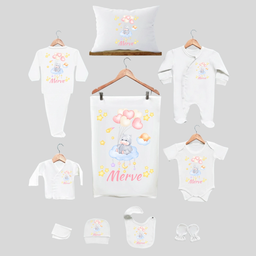 11_li Hastane Çıkış Seti İsme Özel Sevimli Hipopotam 11'li Hastane Çıkış Seti İsme Özel Sevimli Hipopotam - Görsel 1