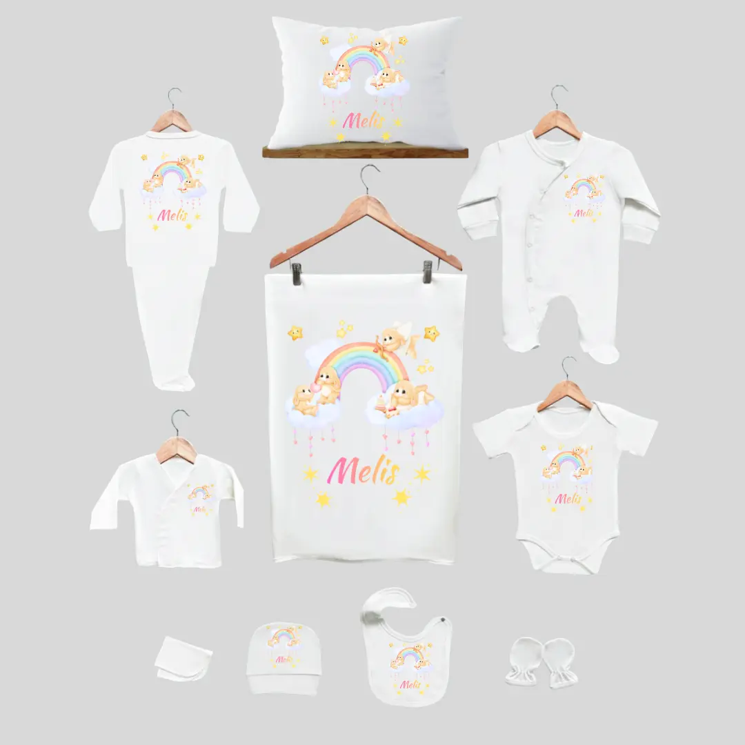 11'li Hastane Çıkış Seti İsme Özel Gökkuşağı Desenli 11'li Hastane Çıkış Seti İsme Özel Gökkuşağı Desenli - Görsel 1