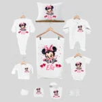 11li Hastane Çıkış Seti İsme Özel Mini Mouse Kalp Desenli