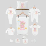 11li Hastane Çıkış Seti İsme Özel Pembe Ayıcık Desenli