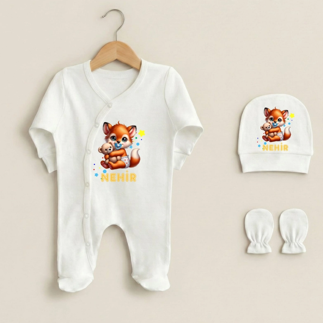 Bebek Tilki Desenli Üçlü Tulum Set Bebek Tilki Desenli Üçlü Tulum Set - Görsel 1