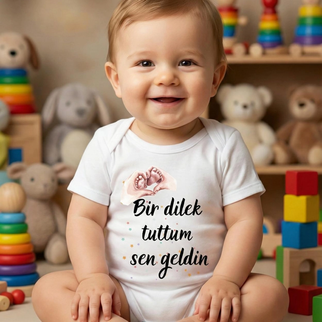 Bir Dilek Tuttum Kalp Erkek Baskılı Bebek Zıbın Çıtçıtlı Body Bir Dilek Tuttum Kalp Erkek Baskılı Bebek Zıbın Çıtçıtlı Body