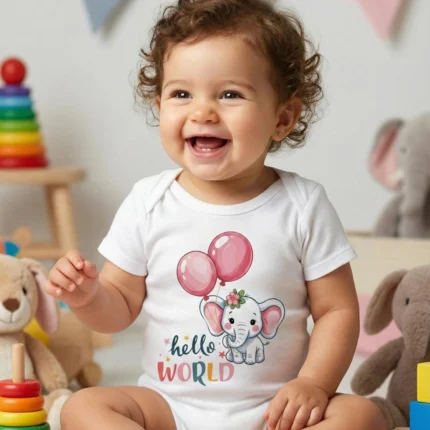 Hello World Fil Baskılı Bebek Zıbın Çıtçıtlı Body