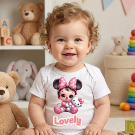 Lovely Minnie Mouse Baskılı Bebek Zıbın Çıtçıtlı Body