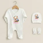 Sevimli Ayıcık ve Çiçek Desenli Üçlü Tulum Set
