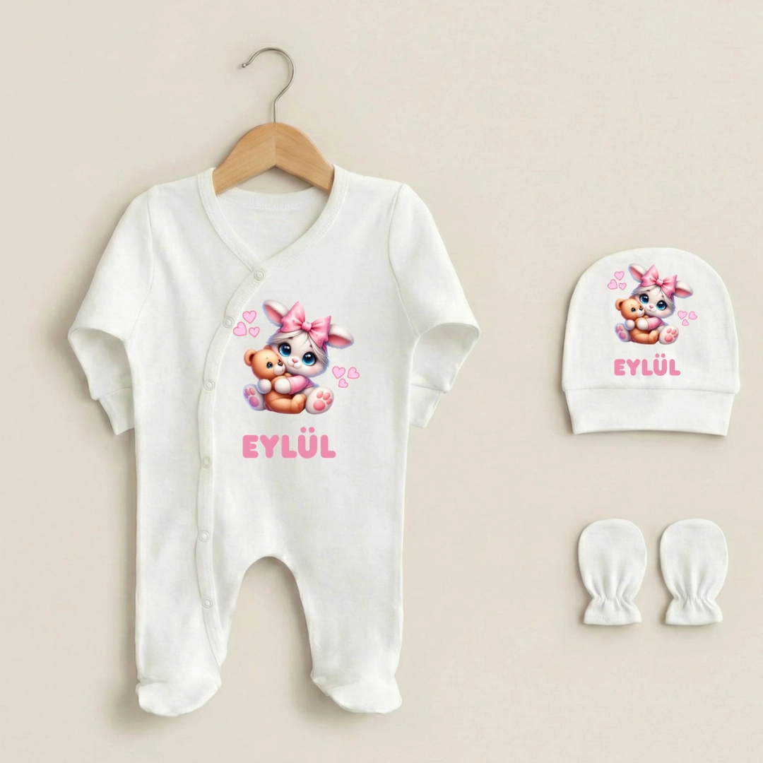 Sevimli Ayıcık ve Tavşan Baskılı 3'lü Tulum Set Sevimli Ayıcık ve Tavşan Baskılı 3'lü Tulum Set - Görsel 1