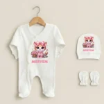 Sevimli Bahçıvan Kedicik Baskılı 3'lü Bebek Tulumu