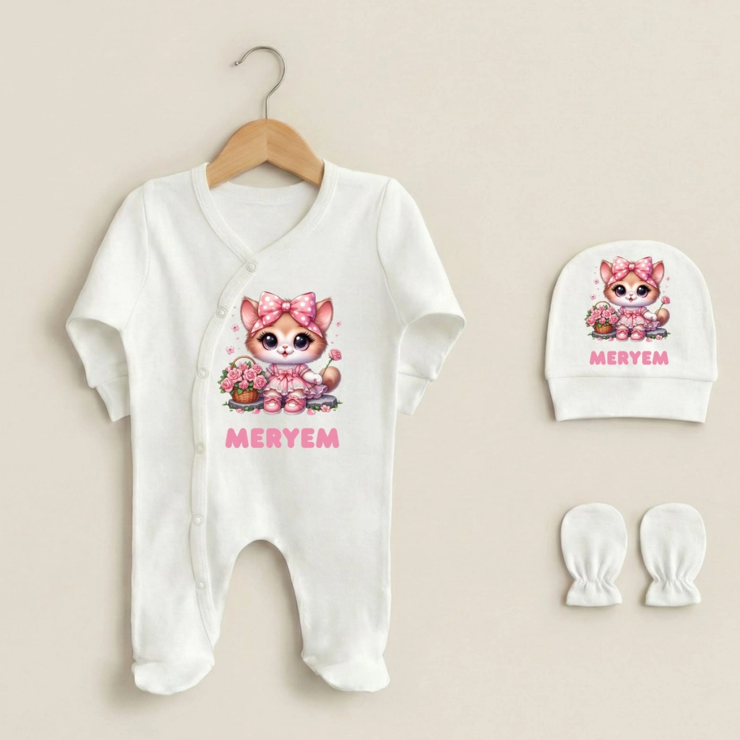 Sevimli Bahçıvan Kedicik Baskılı 3'lü Bebek Tulumu Sevimli Bahçıvan Kedicik Baskılı 3'lü Bebek Tulumu - Görsel 1