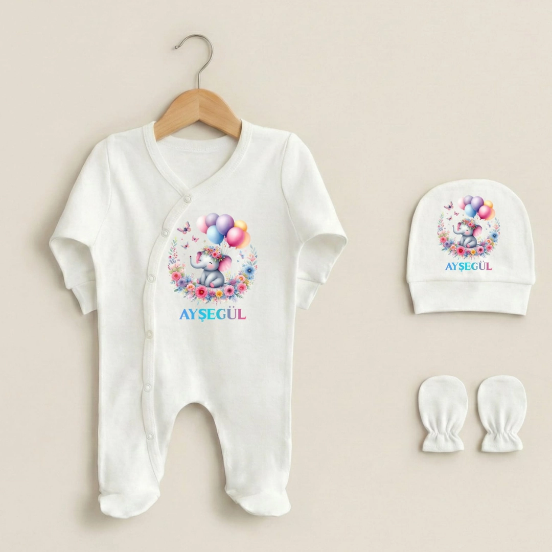 Sevimli Fil Desenli 3'lü Bebek Tulumu Sevimli Fil Desenli 3'lü Bebek Tulumu - Görsel 1