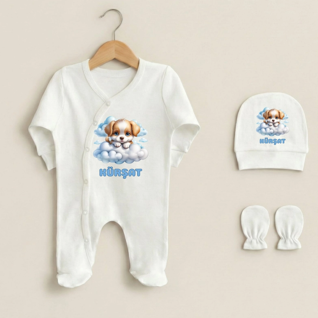 Sevimli Köpek ve Bulut Temalı Üçlü Tulum Set Sevimli Köpek ve Bulut Temalı Üçlü Tulum Set - Görsel 1