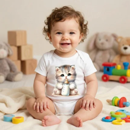 Süt İçen Kedicik Baskılı Bebek Zıbın Çıtçıtlı Body