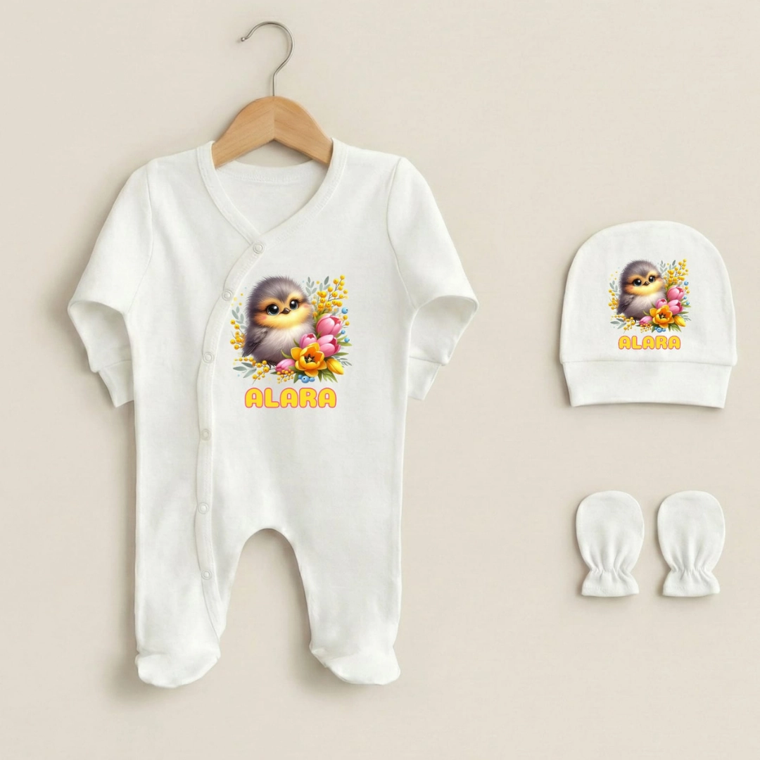 Üçlü Tulum Set Sevimli Kuş Baskılı Yenidoğan Üçlü Tulum Set Sevimli Kuş Baskılı Yenidoğan - Görsel 1