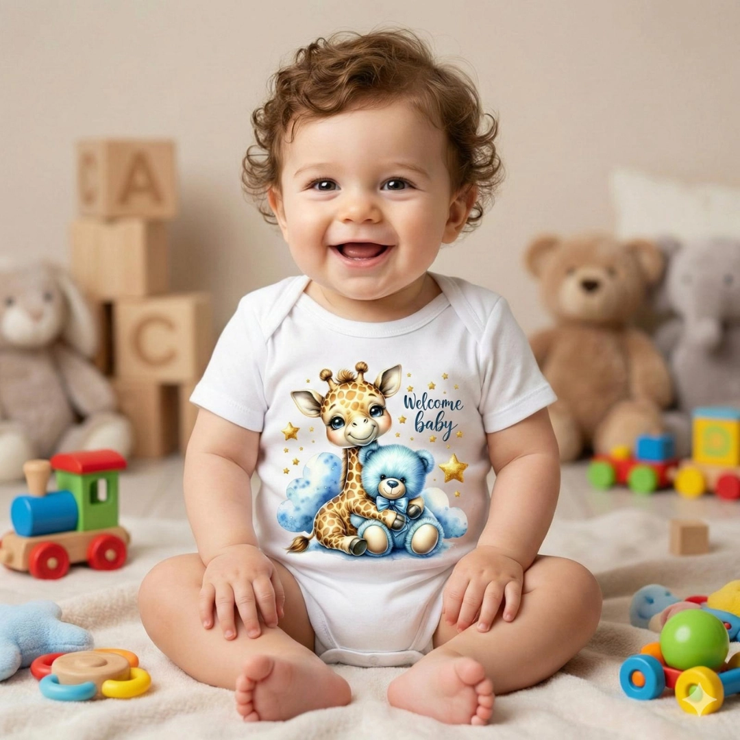 Welcome Baby Sevimli Zürafa Baskılı Bebek Zıbın Çıtçıtlı Body Welcome Baby Sevimli Zürafa Baskılı Bebek Zıbın Çıtçıtlı Body