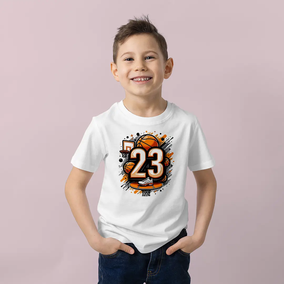 Basketbol 23 Numara Erkek Çocuk Tişört – Spor Temalı Basketball Grafiti Baskılı Beyaz T-Shirt Basketbol 23 Numara Erkek Çocuk Tişört - Görsel 1