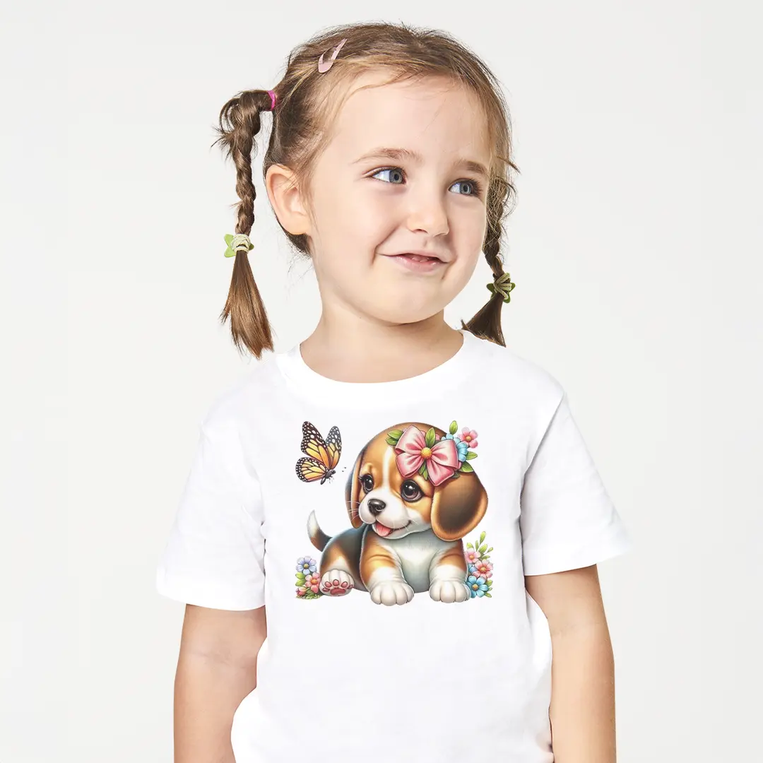 Beagle Yavru Köpek Kelebek Baskılı Bebek Tişörtü – Çiçekli Fiyonklu Sevimli Puppy Desenli Kız Çocuk T-Shirt Beagle Yavru Köpek Kelebek Baskılı Bebek Tişörtü - Görsel 1
