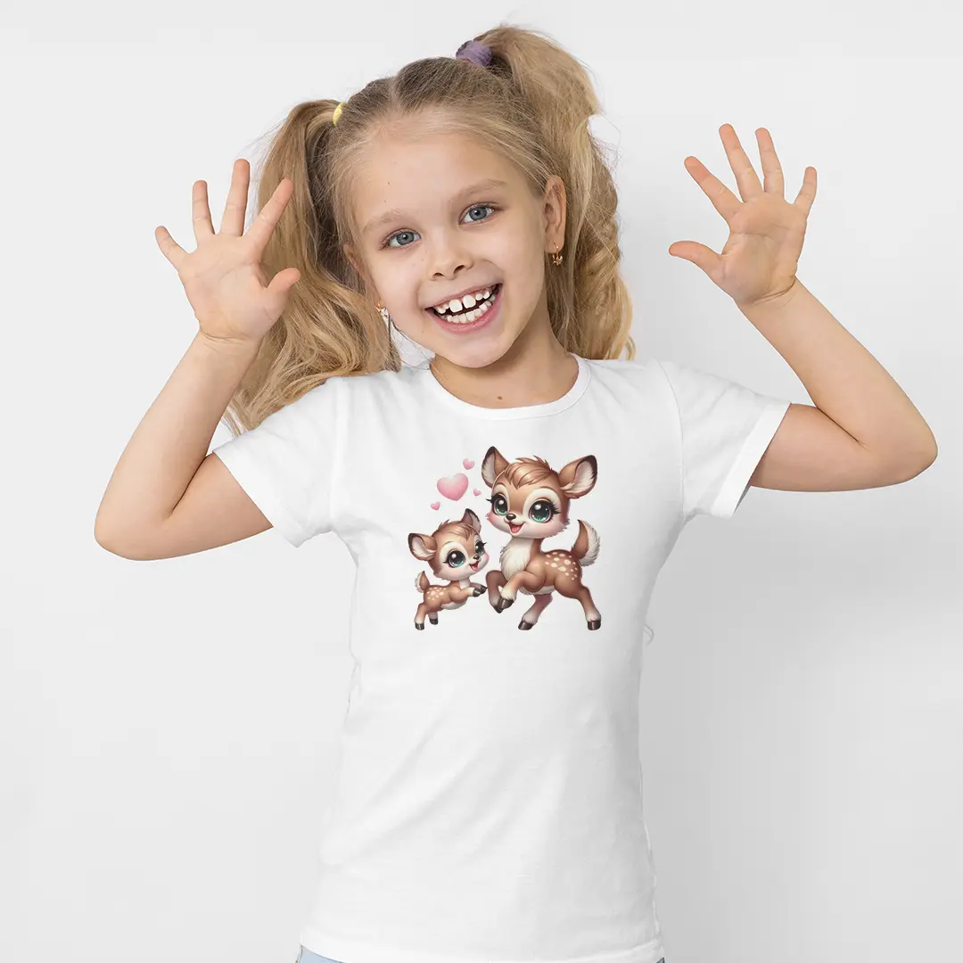 Geyik Yavrusu Kız Çocuk Tişört – Anne Bebek Geyik Kalp Figürlü Baskılı Beyaz T-Shirt Geyik Yavrusu Kız Çocuk Tişört - Görsel 1
