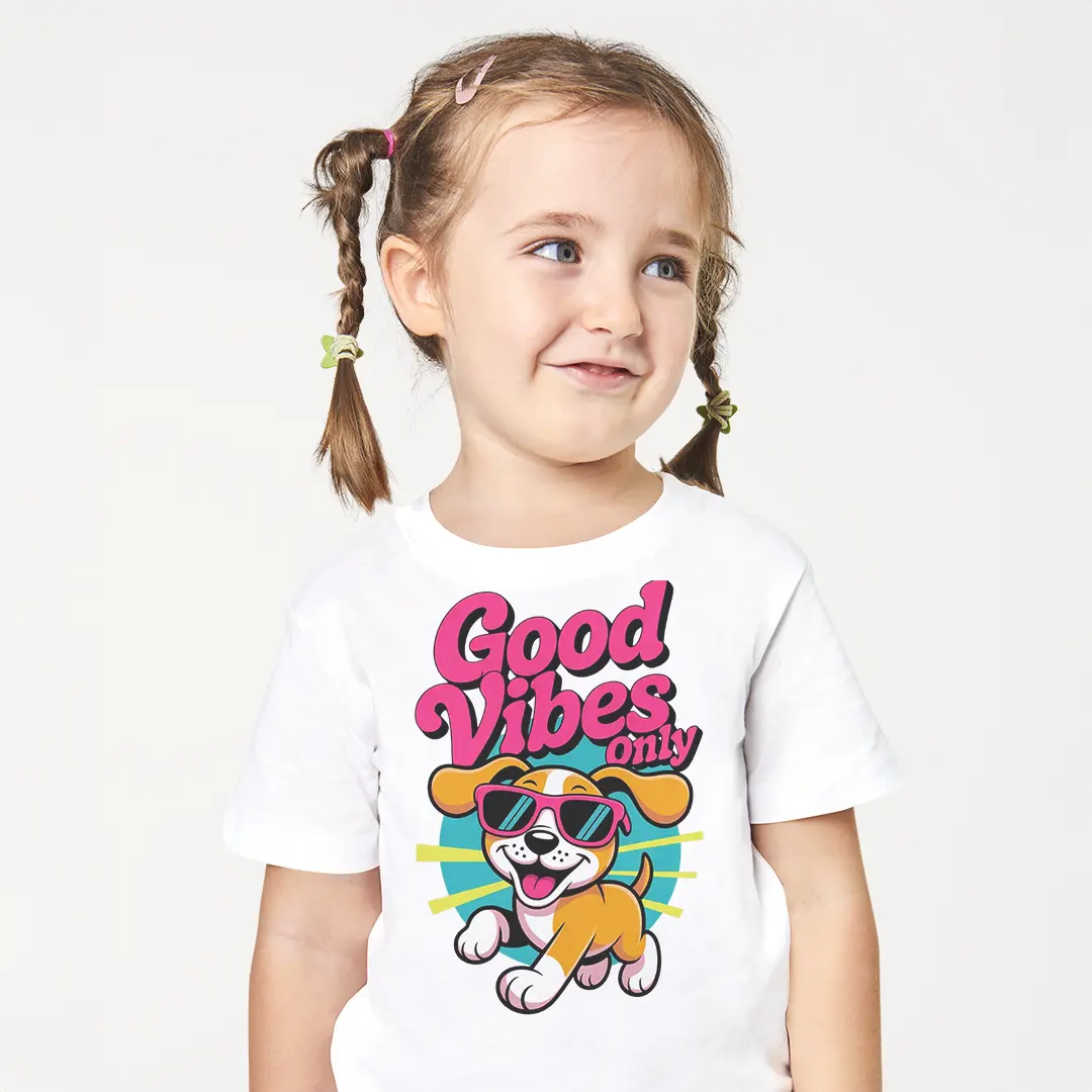 Good Vibes Only Köpek Baskılı Bebek Tişörtü – Güneş Gözlüklü Sevimli Puppy Pembe Desenli Kız Çocuk T-Shirt Good Vibes Only Köpek Baskılı Bebek Tişörtü - Görsel 1