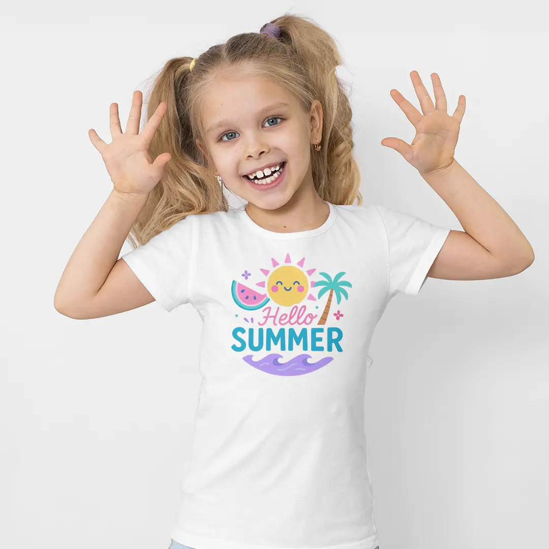 Hello Summer Baskılı Kız Çocuk Tişörtü – Güneş Karpuz Palmiye Yaz Temalı Desenli Çocuk T-Shirt Hello Summer Baskılı Kız Çocuk Tişörtü - Görsel 1