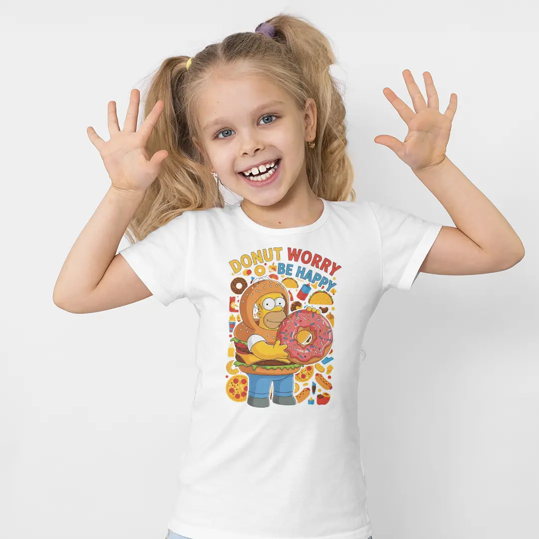 Homer Simpson Donut Worry Be Happy Baskılı Kız Çocuk Tişörtü – Simpsons Komik Donut Desenli Çocuk T-Shirt Homer Simpson Donut Worry Be Happy Baskılı Kız Çocuk Tişörtü - Görsel 1