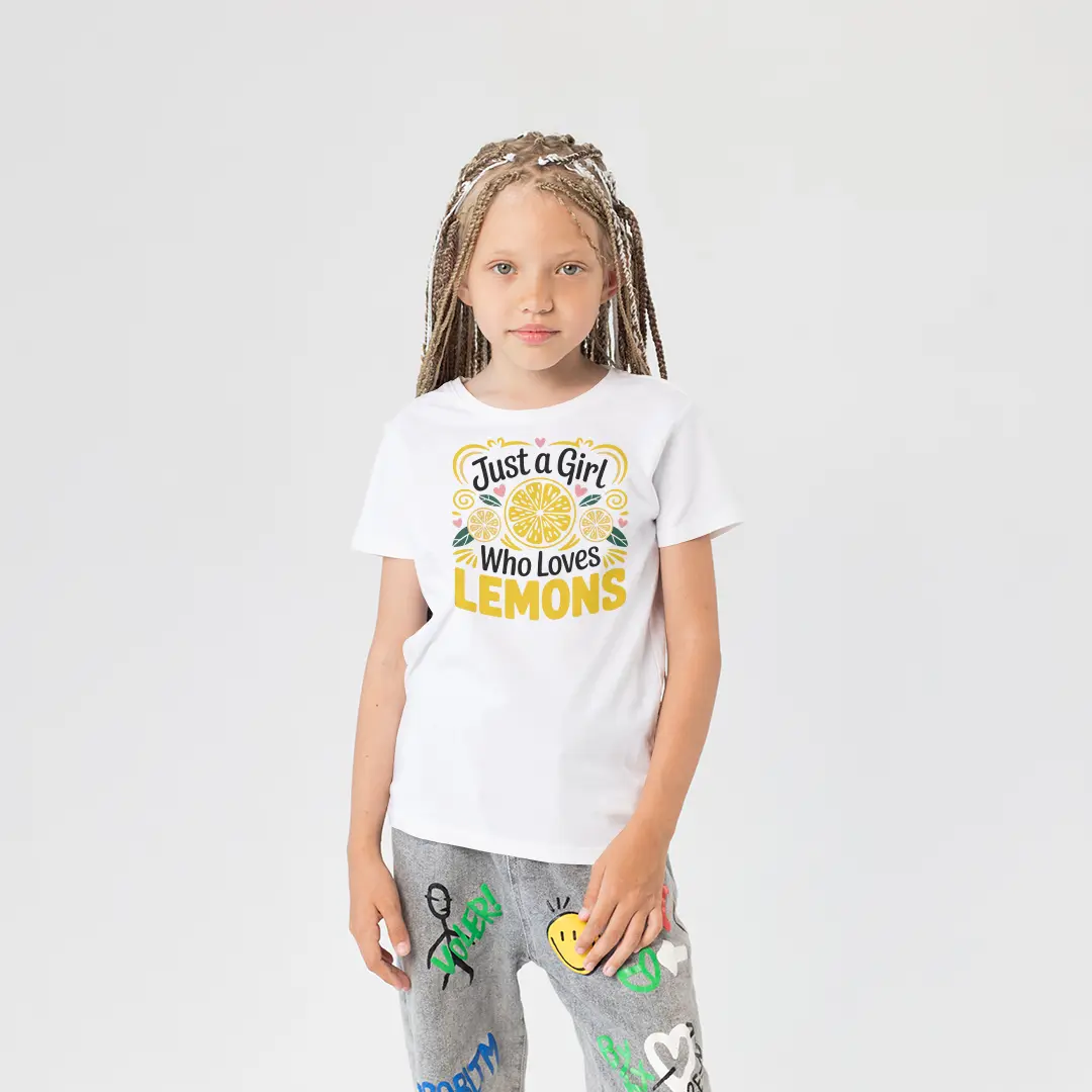Just a Girl Who Loves Lemons Kız Çocuk Tişört – Limon Desenli Yazılı Beyaz T-Shirt Just a Girl Who Loves Lemons Kız Çocuk Tişört - Görsel 1