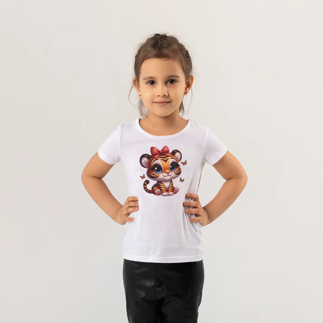 Kaplan Yavrusu Kız Çocuk Tişört – Fiyonklu Büyük Gözlü Baby Tiger Baskılı Beyaz T-Shirt Kaplan Yavrusu Kız Çocuk Tişört - Görsel 1