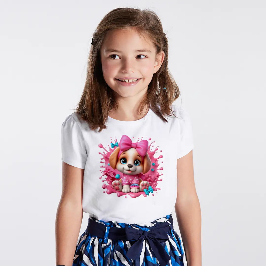 Kız Çocuk Fiyonklu Köpek Baskılı Tişört – Sevimli Köpek Desenli Pamuk Çocuk Tişört Kız Çocuk Fiyonklu Köpek Baskılı Tişört - Görsel 1