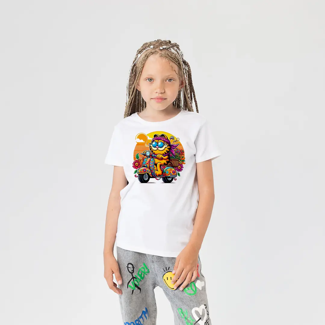 Kız Çocuk Garfield Vespa Scooter Baskılı Tişört – Eğlenceli Çizgi Karakter Çocuk Tişört Kız Çocuk Garfield Vespa Scooter Baskılı Tişört - Görsel 1