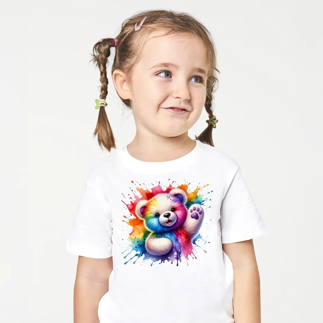 Kız Çocuk Renkli Ayıcık Baskılı Tişört – Sevimli Hayvan Desenli Pamuk Çocuk Tişört Kız Çocuk Renkli Ayıcık Baskılı Tişört - Görsel 1