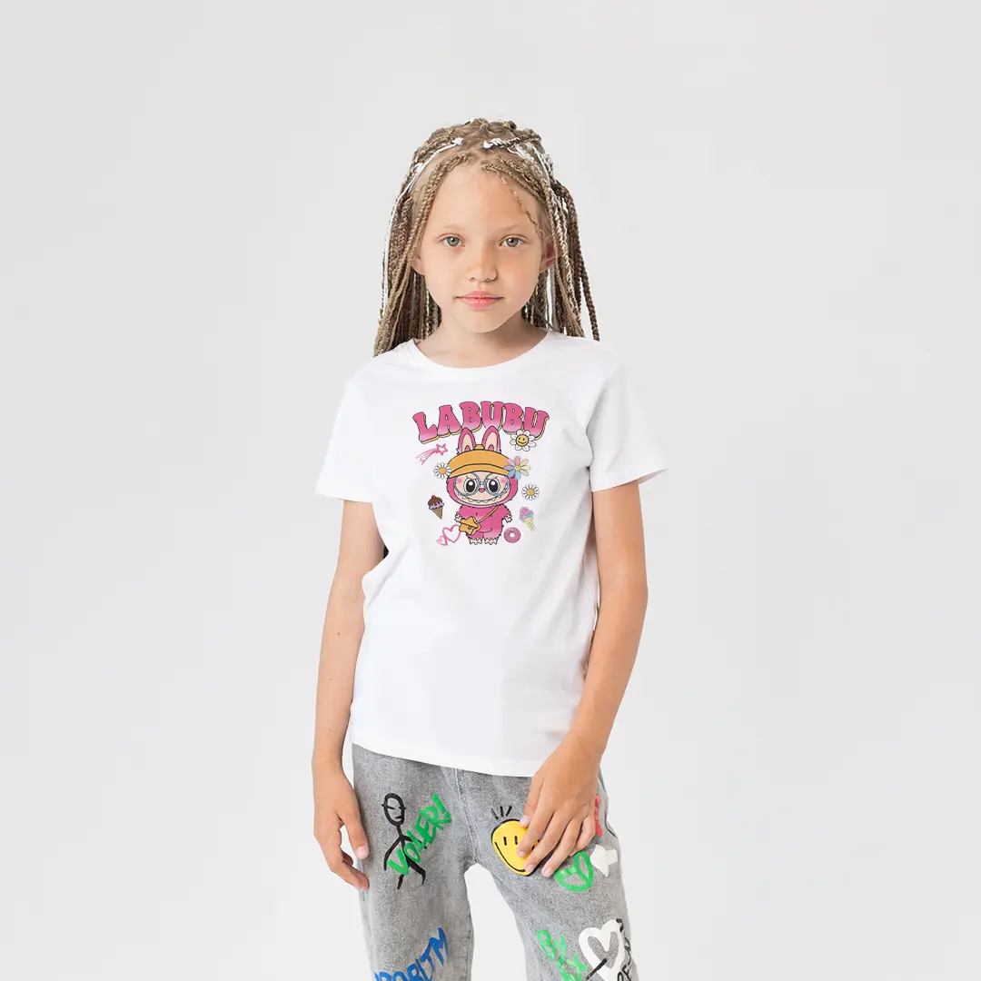 Labubu Pembe Baskılı Kız Çocuk Tişörtü – Labubu Tavşan Dondurma Çiçek Desenli Çocuk T-Shirt Labubu Pembe Baskılı Kız Çocuk Tişörtü - Görsel 1