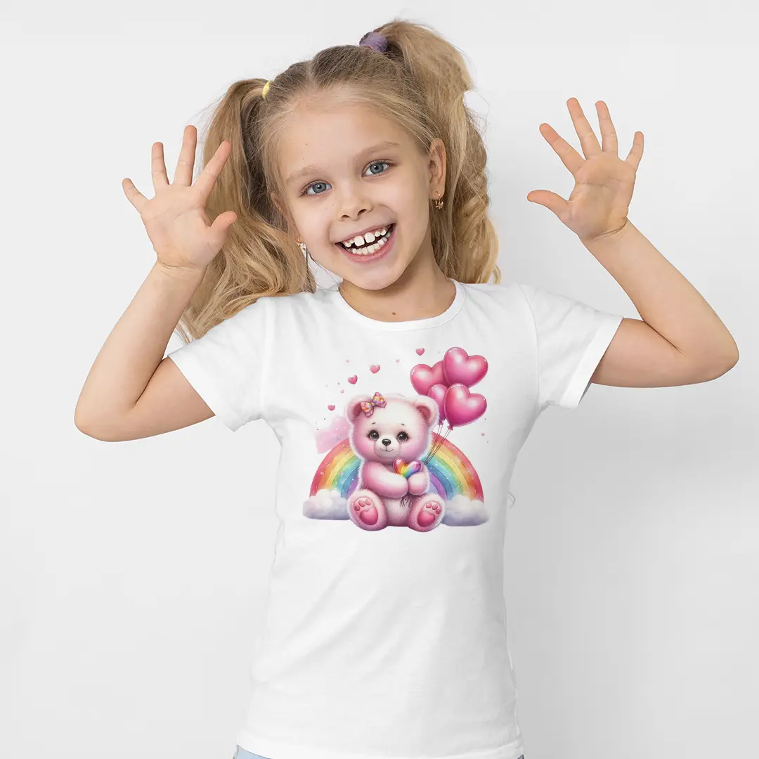 Pembe Ayıcık Gökkuşağı Baskılı Kız Çocuk Tişörtü – Teddy Bear Kalp Balon Gökkuşağı Desenli Çocuk T-Shirt Pembe Ayıcık Gökkuşağı Baskılı Kız Çocuk Tişörtü - Görsel 1