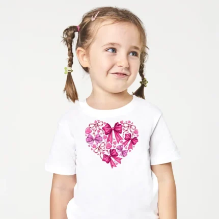 Pembe Kurdele Kalp Baskılı Bebek Tişörtü – Fiyonk Kalp Desenli Kız Çocuk T-Shirt