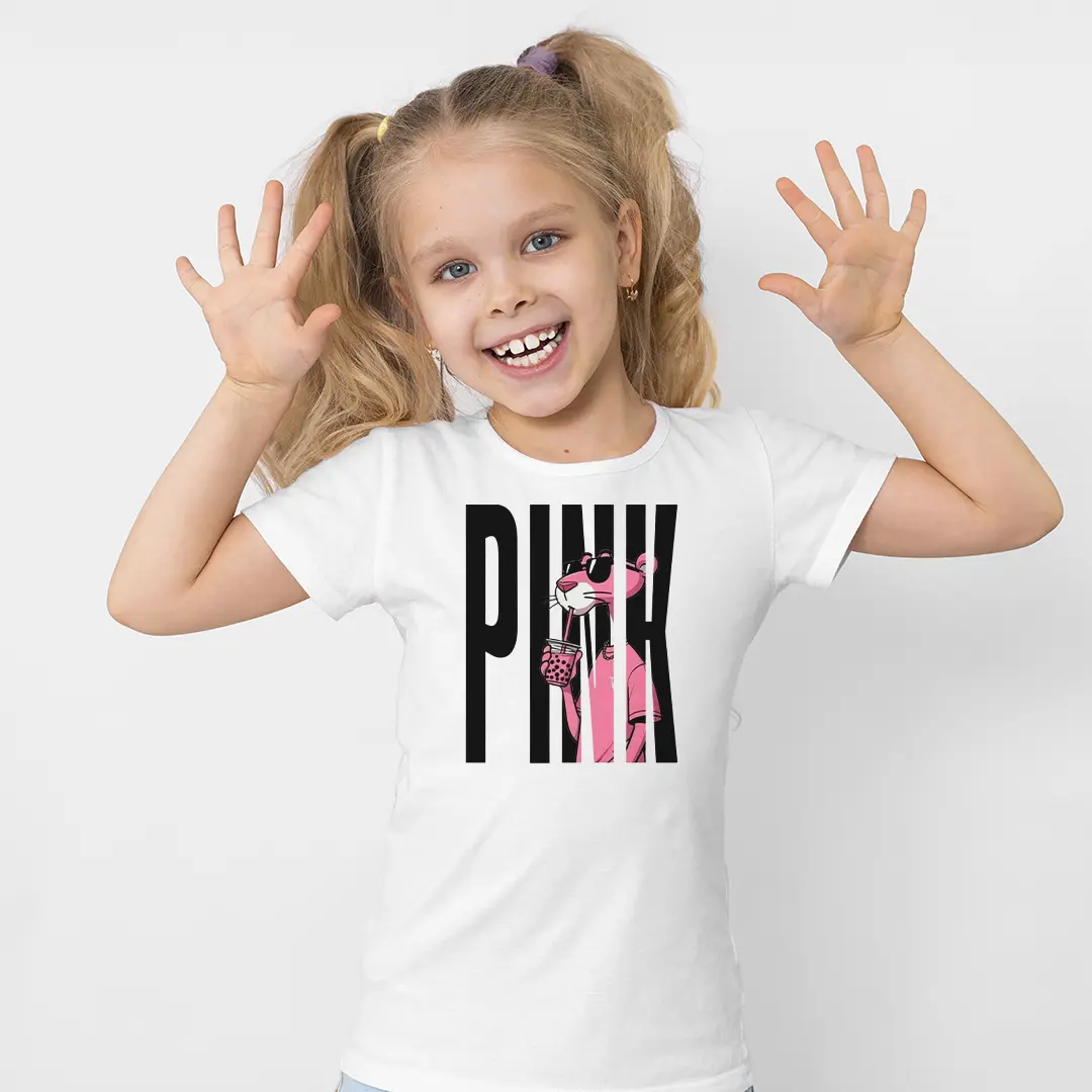 Pink Panther Baskılı Kız Çocuk Tişörtü – Pembe Panter PINK Yazılı Bubble Tea Desenli Çocuk T-Shirt Pink Panther Baskılı Kız Çocuk Tişörtü - Görsel 1