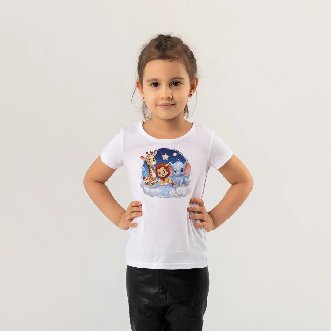 Safari Hayvanlar Kız Çocuk Tişört – Zürafa Aslan Fil Gökkuşaklı Bulut Baskılı Beyaz T-Shirt Safari Hayvanlar Kız Çocuk Tişört - Görsel 1