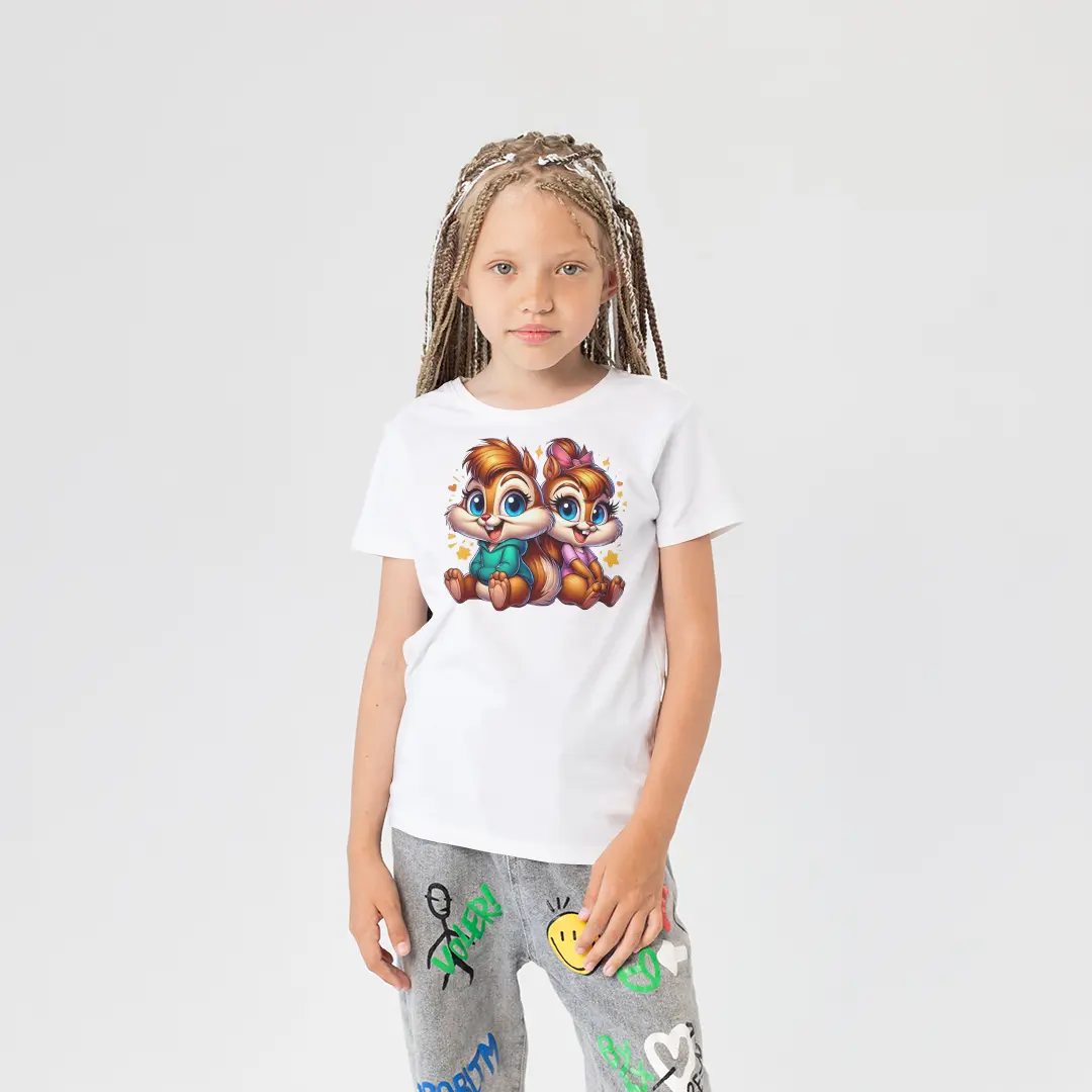 Sincap İkili Kız Çocuk Tişört – Sevimli Karikatür Sincap Çift Baskılı Beyaz T-Shirt Sincap İkili Kız Çocuk Tişört - Görsel 1