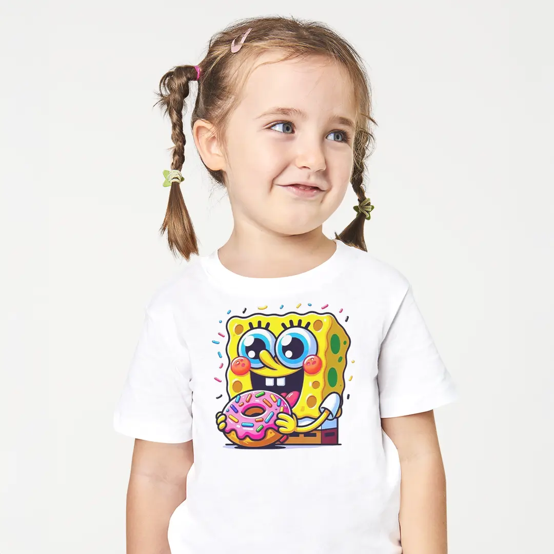 Spongebob Donut Baskılı Bebek Tişörtü – Sünger Bob Donut Yiyor Renkli Desenli Kız Çocuk T-Shirt Spongebob Donut Baskılı Bebek Tişörtü - Görsel 1
