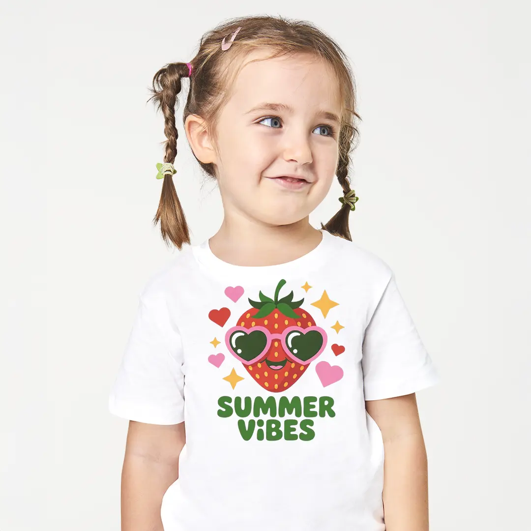 Summer Vibes Kız Çocuk Tişört – Güneş Gözlüklü Çilek Baskılı Beyaz T-Shirt Summer Vibes Kız Çocuk Tişört - Görsel 1