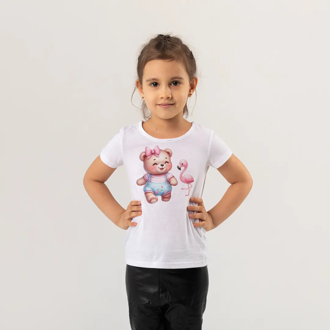 Teddy Bear ve Flamingo Baskılı Kız Çocuk Tişörtü – Sevimli Pembe Ayıcık Flamingo Desenli Çocuk T-Shirt Teddy Bear ve Flamingo Baskılı Kız Çocuk Tişörtü - Görsel 1