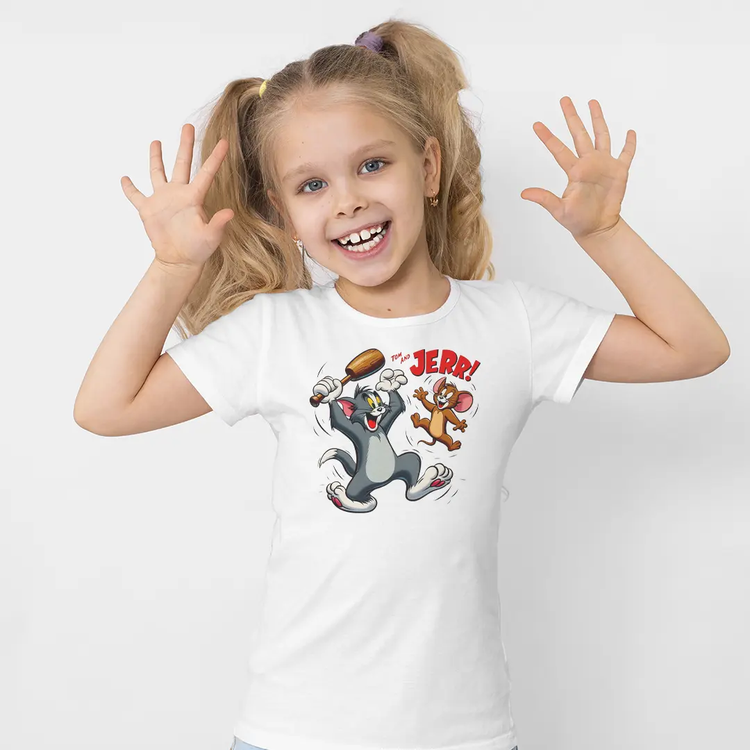Tom and Jerry Kız Çocuk Tişört – Animasyon Figürlü Baskılı Beyaz T-Shirt Tom and Jerry Kız Çocuk Tişört - Görsel 1