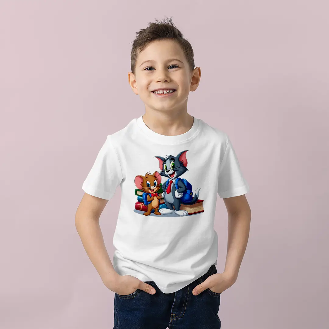 Tom ve Jerry Erkek Çocuk Tişört – Okul Temalı Kitaplı Tom Jerry Baskılı Beyaz T-Shirt Tom ve Jerry Erkek Çocuk Tişört - Görsel 1
