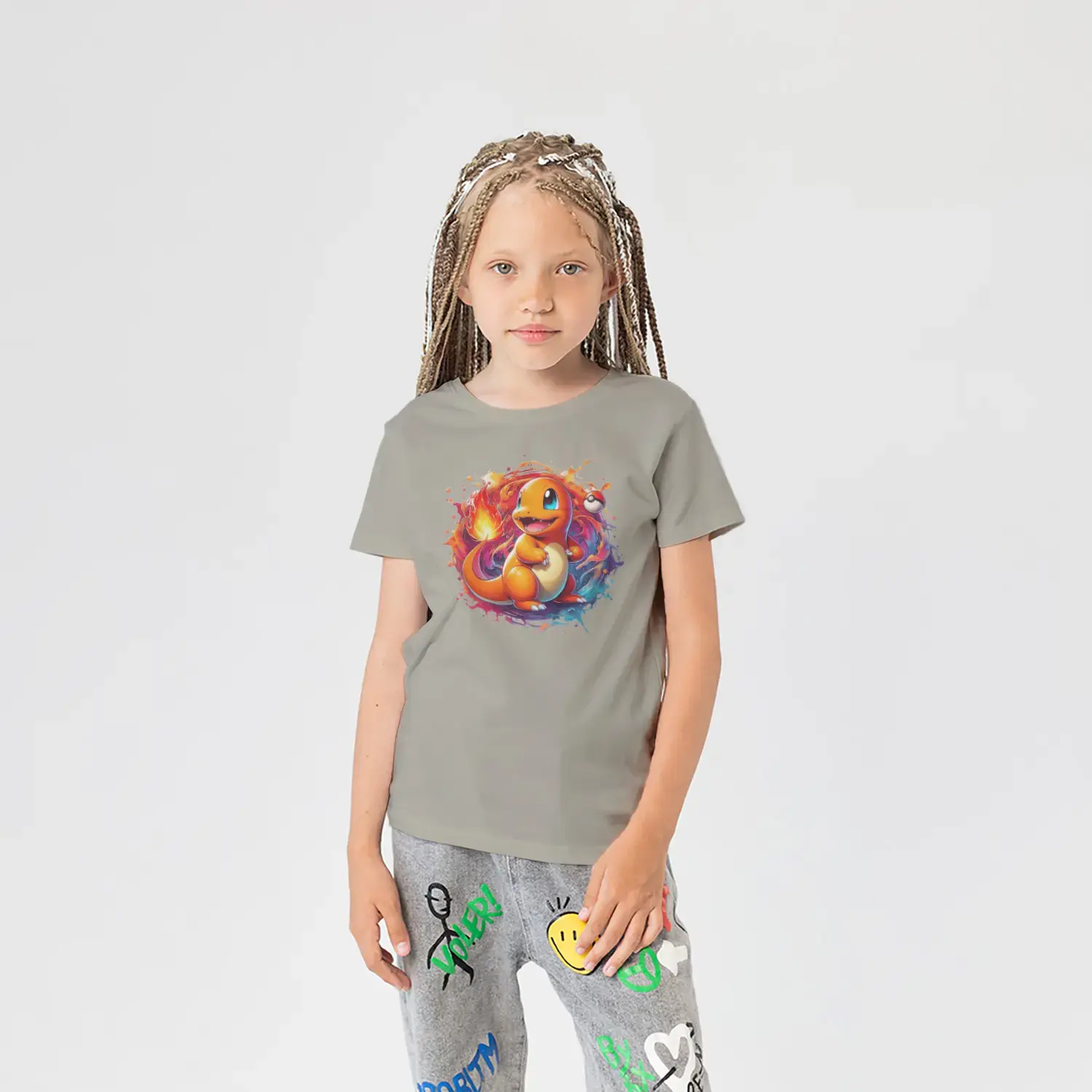 Ateşli Turuncu Küçük Ejder Renkli Boya Sıçramalı Baskılı Kız Çocuk Tişörtü