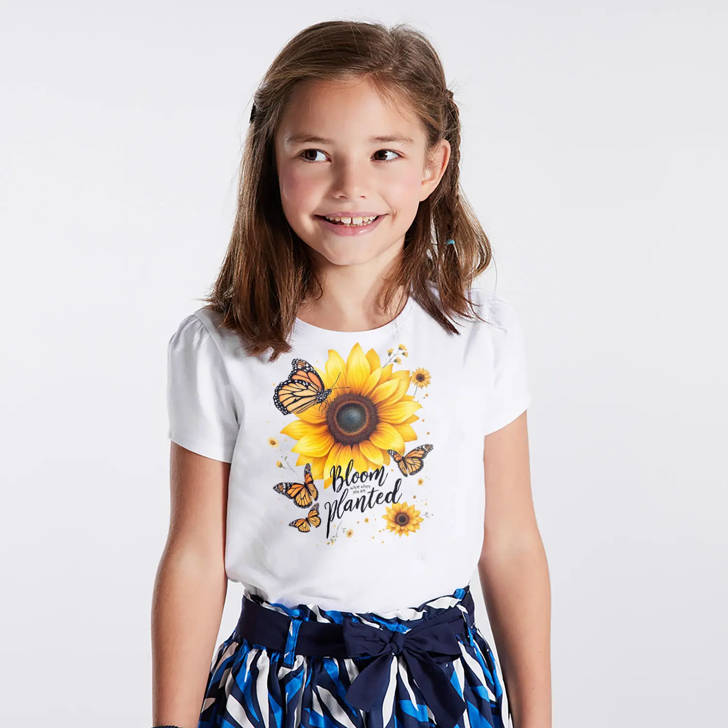 Ayçiçeği Kelebekli Bloom Where Planted Yazılı Baskılı Kız Çocuk Tişörtü