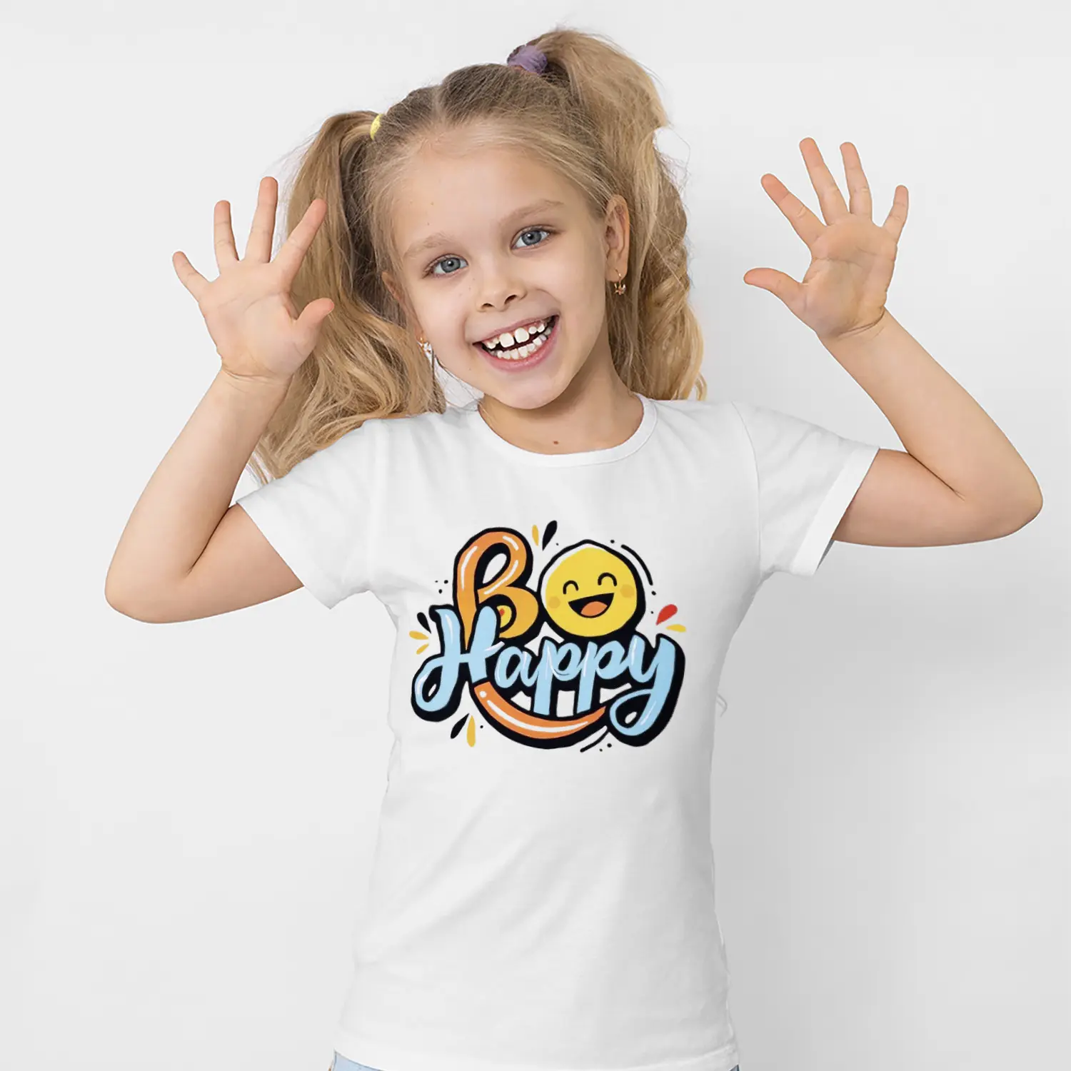 Be Happy Yazılı Gülen Emoji Figürlü Baskılı Kız Çocuk Tişörtü