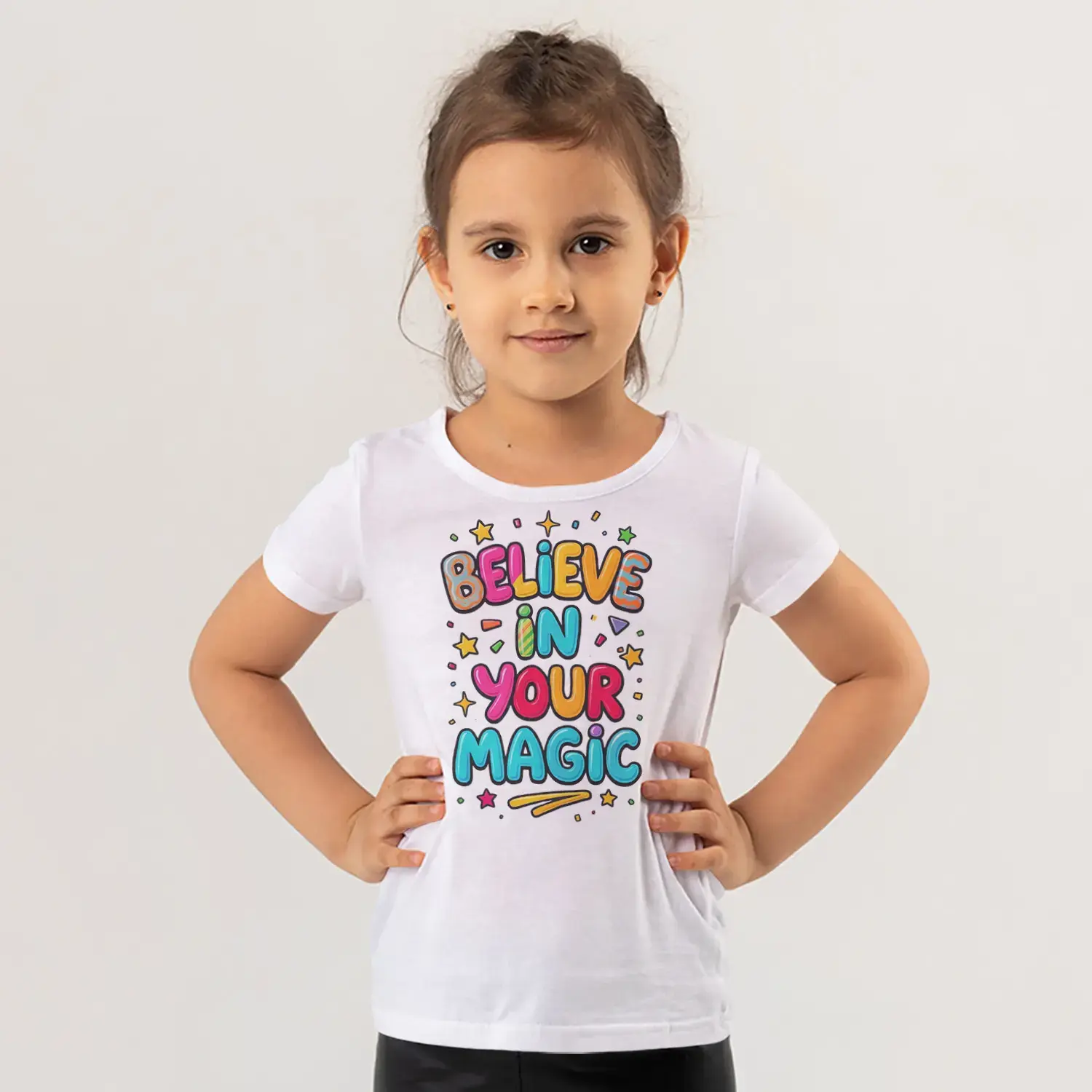 Believe In Your Magic Renkli Yıldızlı Motivasyon Yazı Baskılı Kız Çocuk Tişörtü