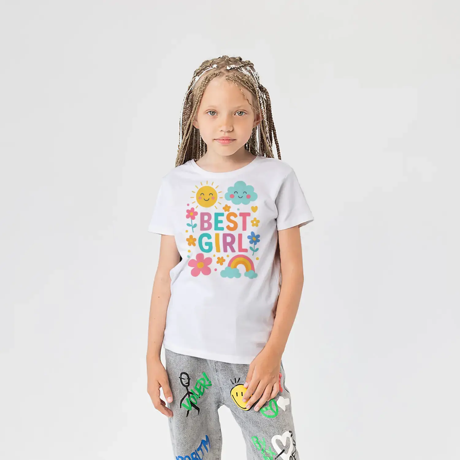 Best Girl Güneş ve Gökkuşağı Baskılı Kız Çocuk Tişörtü