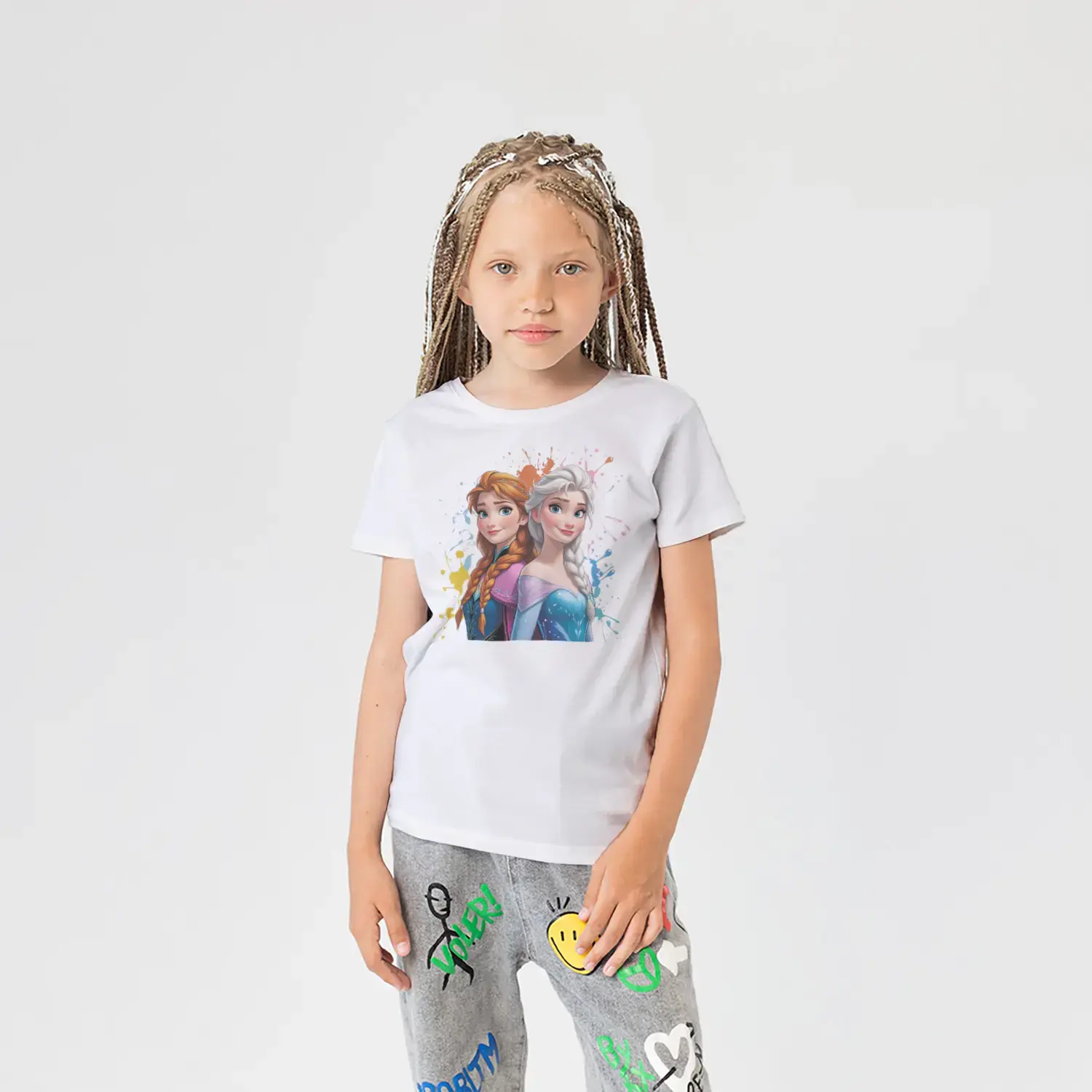 Boya Sıçramalı İki Kardeş Buz Prensesi Figürlü Kız Çocuk Tişörtü