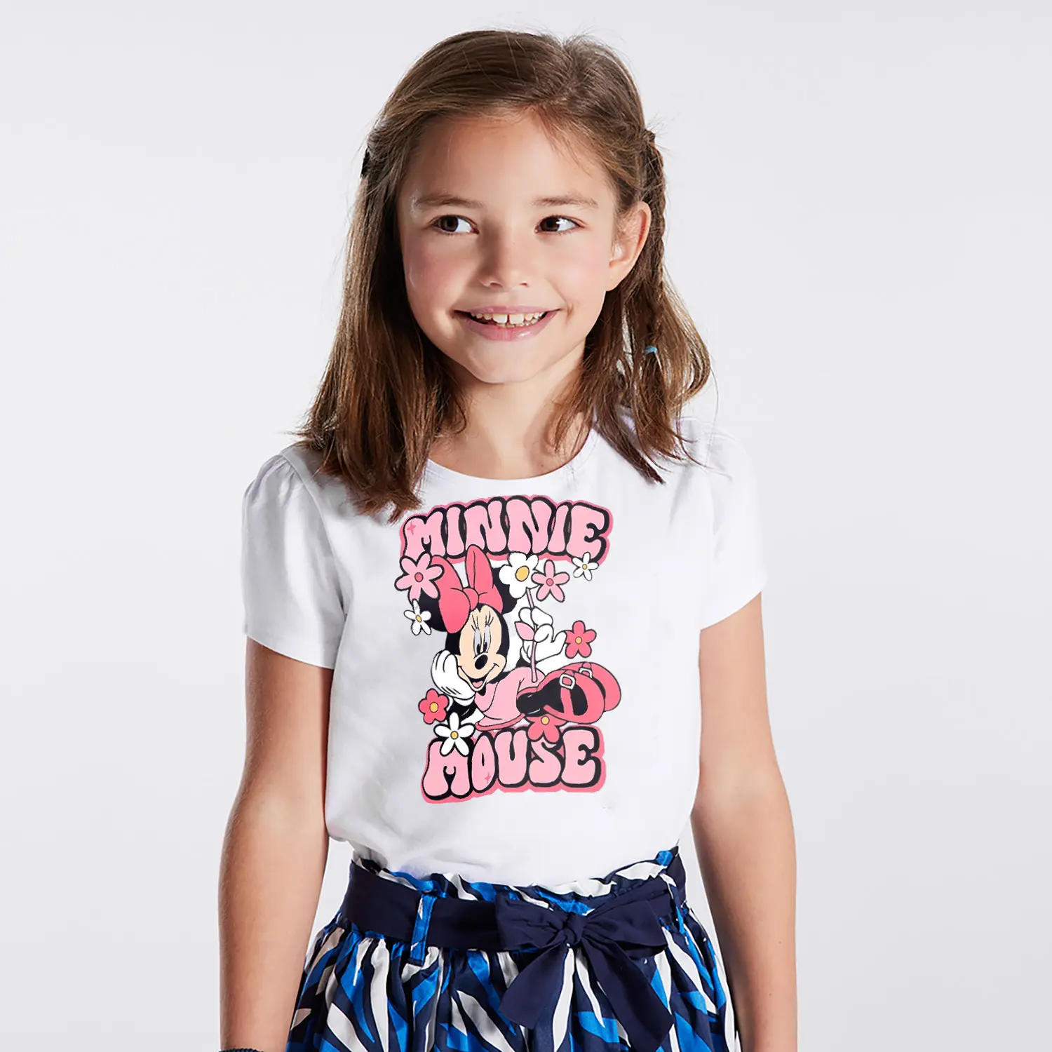 Çiçekli Fiyonklu Yuvarlak Kulaklı Fare Karikatür Mouse Yazılı Baskılı Kız Çocuk Tişörtü