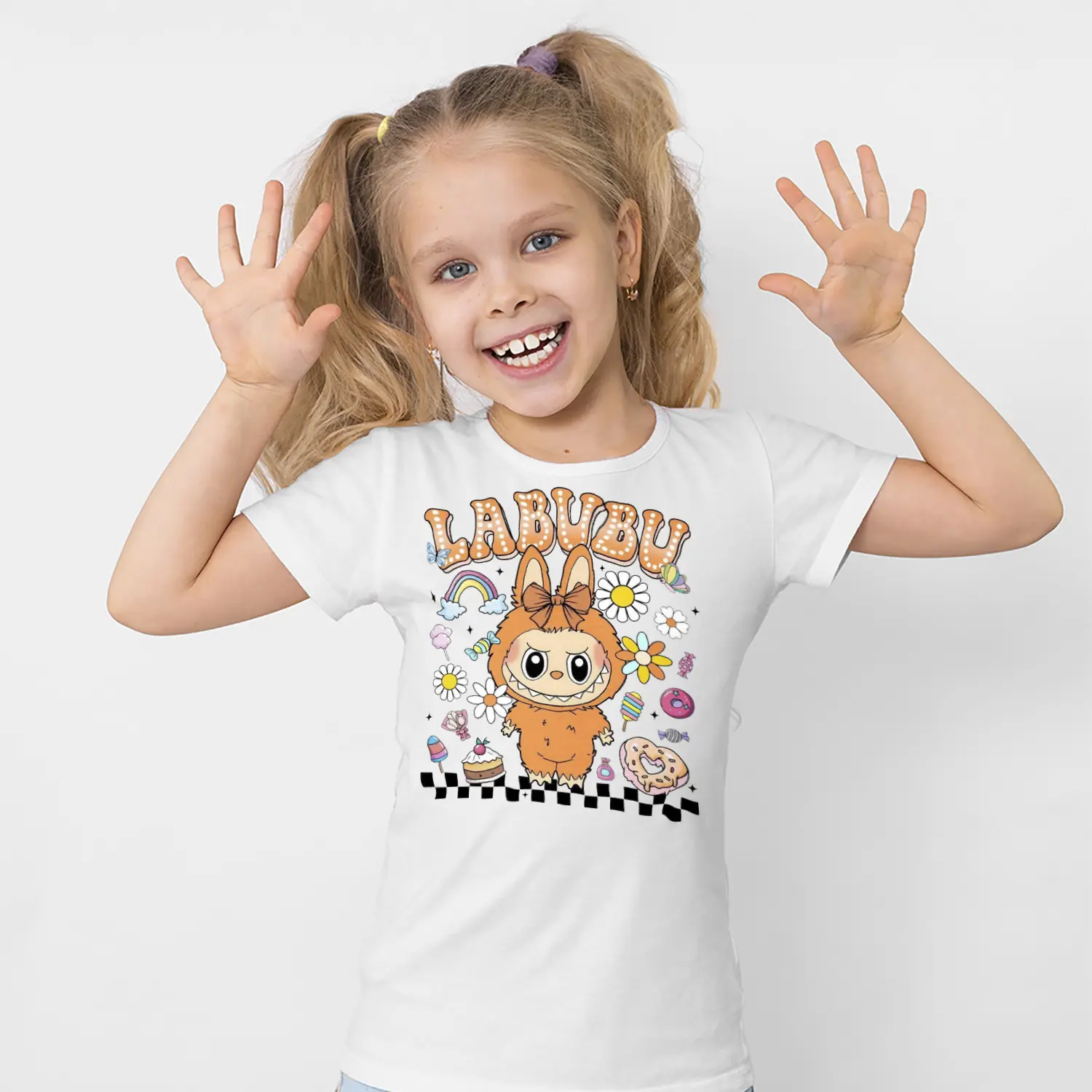 Çiçekli Gökkuşaklı Fiyonklu Tavşan Karikatür Figürlü Baskılı Kız Çocuk Tişörtü