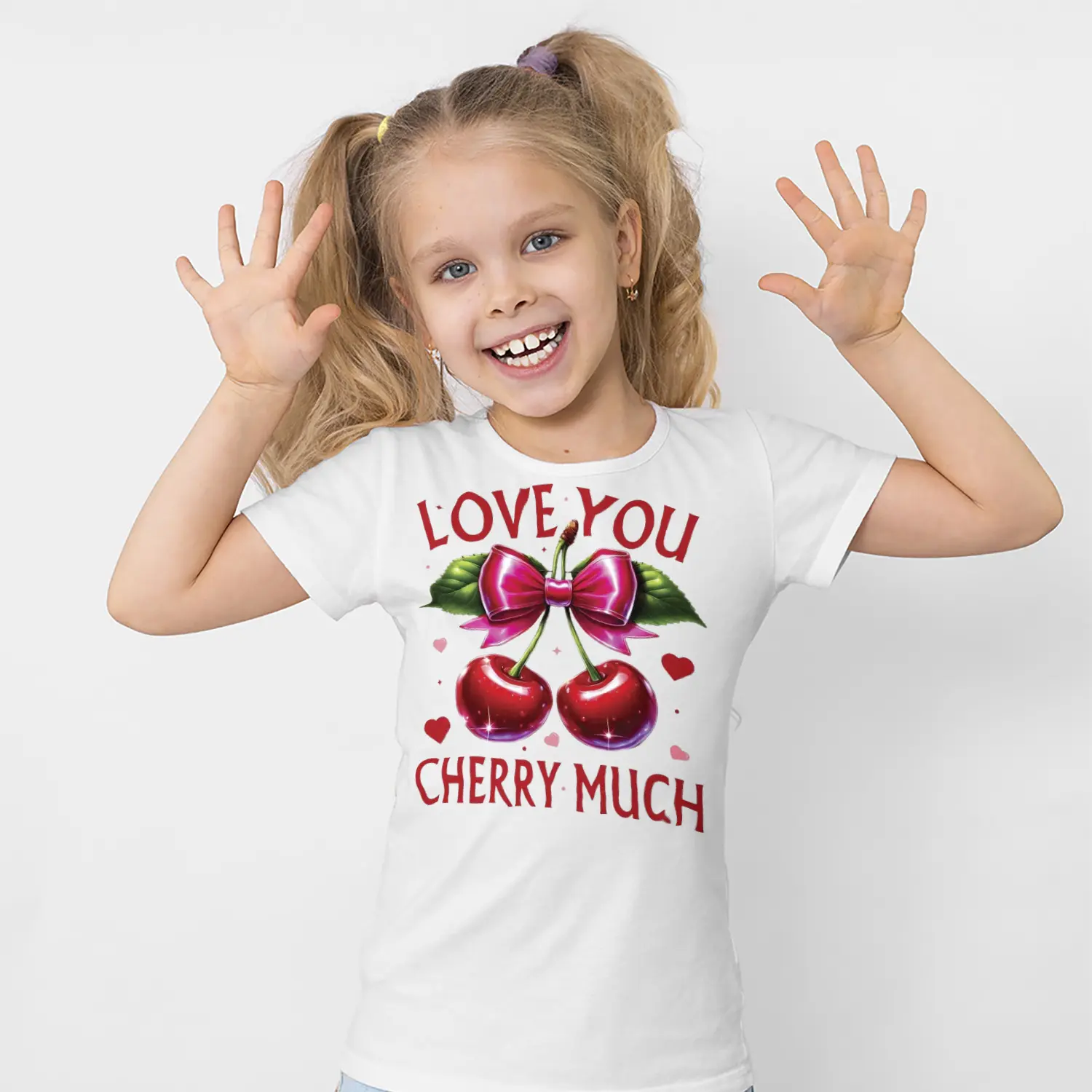 Fiyonklu Kiraz ve Love You Cherry Much Yazılı Baskılı Kız Çocuk Tişörtü