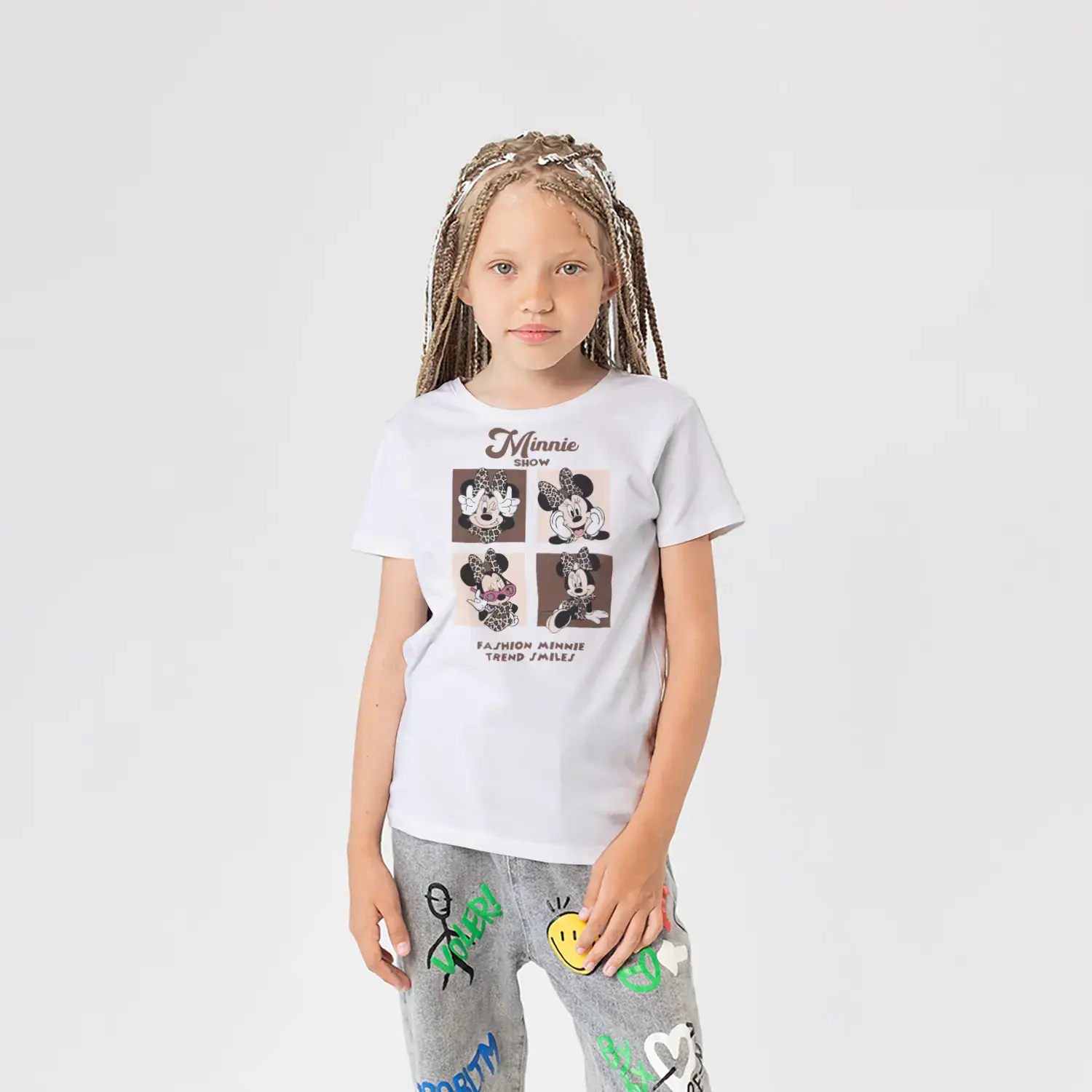 Fiyonklu Moda İkonu Fare Kahraman Dörtlü Kareli Baskılı Kız Çocuk